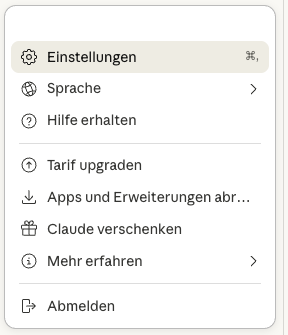 Claude Schritt 1: Einstellungsmenü öffnen